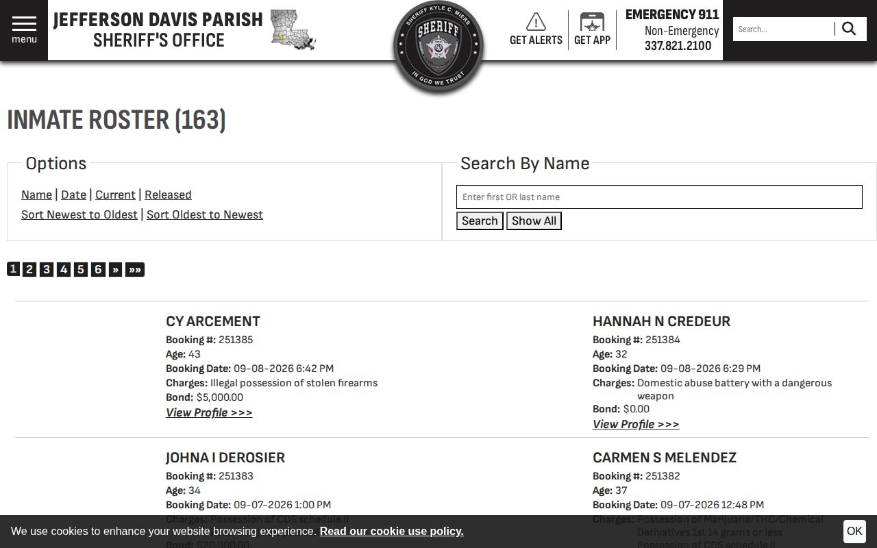 JDPSO current inmate roster sorted by newest booking time