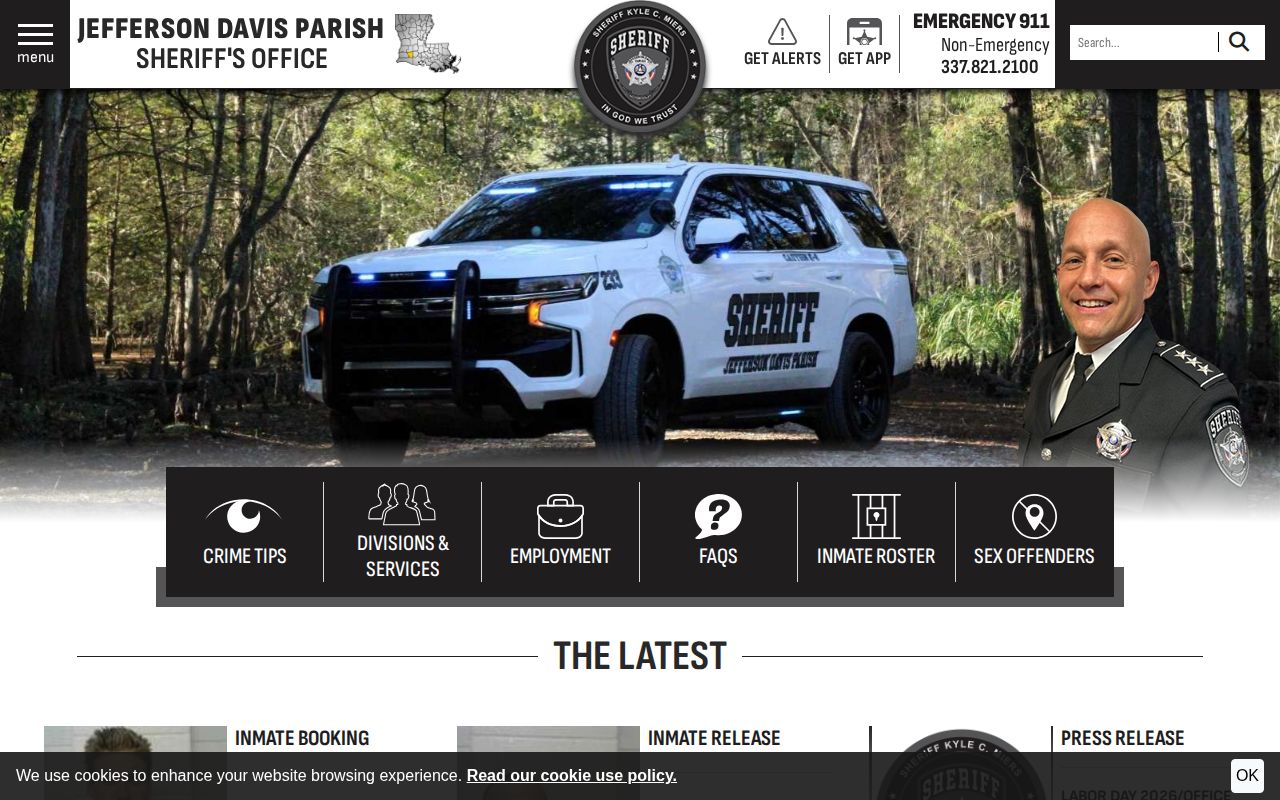 Jefferson Davis Parish Sheriff Office homepage with latest inmate booking access