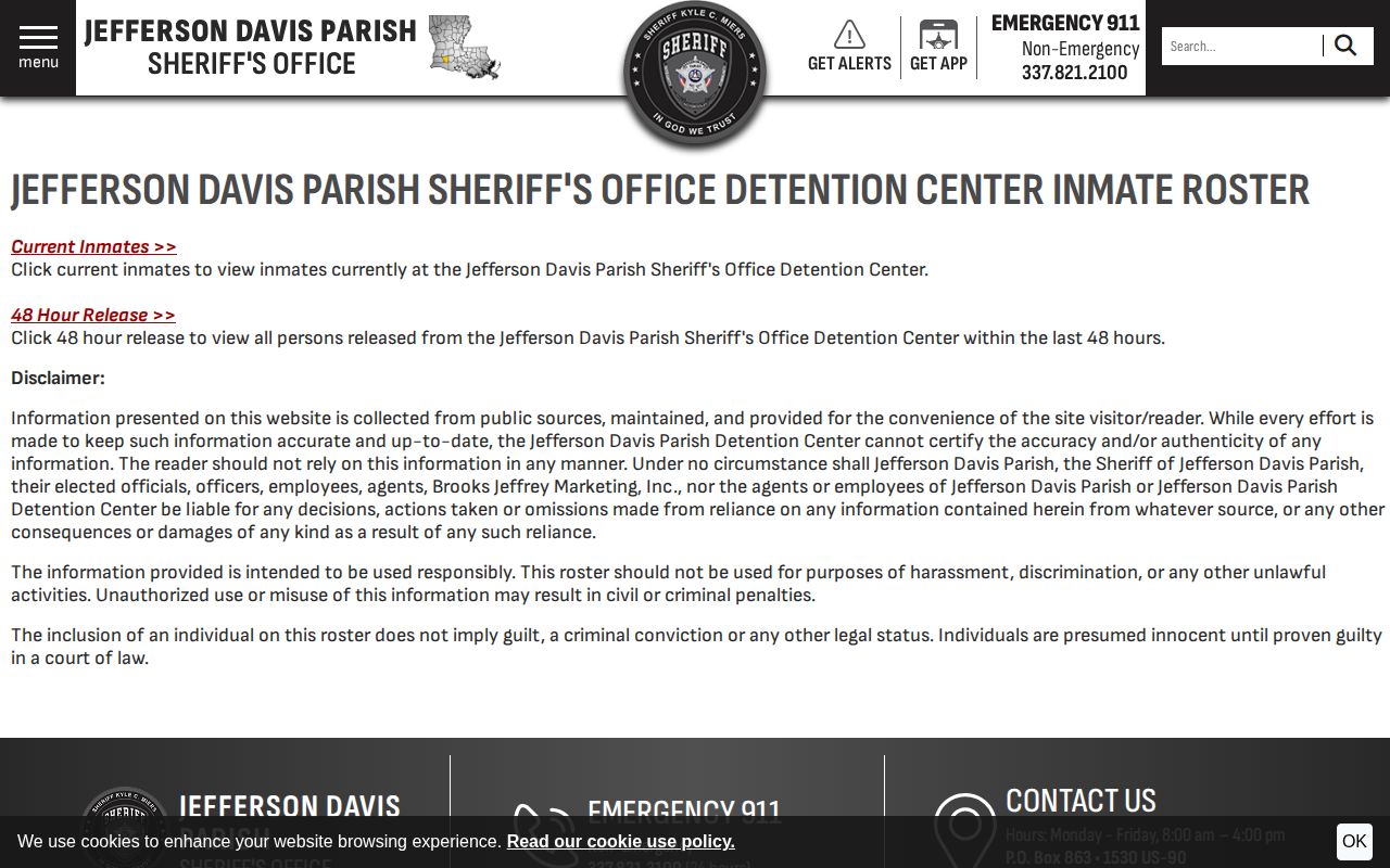 Jefferson Davis Parish arrest roster disclaimer and custody options