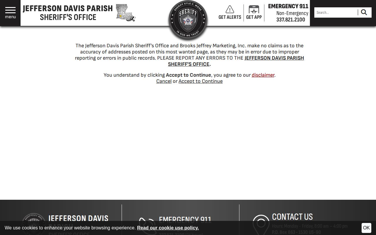Jefferson Davis Parish most wanted arrest notice and disclaimer