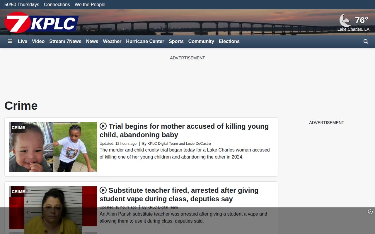 KPLC regional crime news page used for Jefferson Davis incident coverage