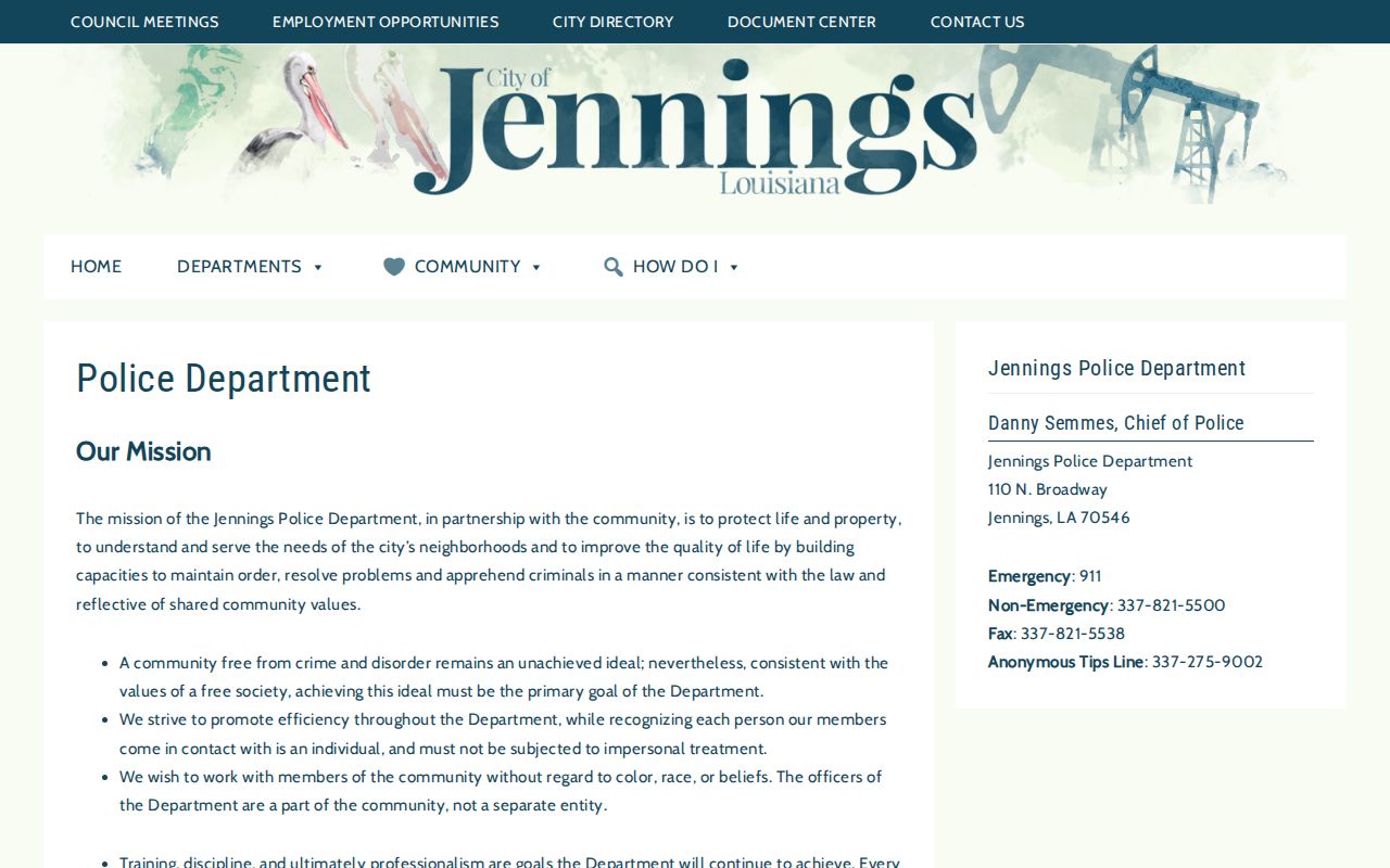 Official Jennings Police Department webpage with city contact information