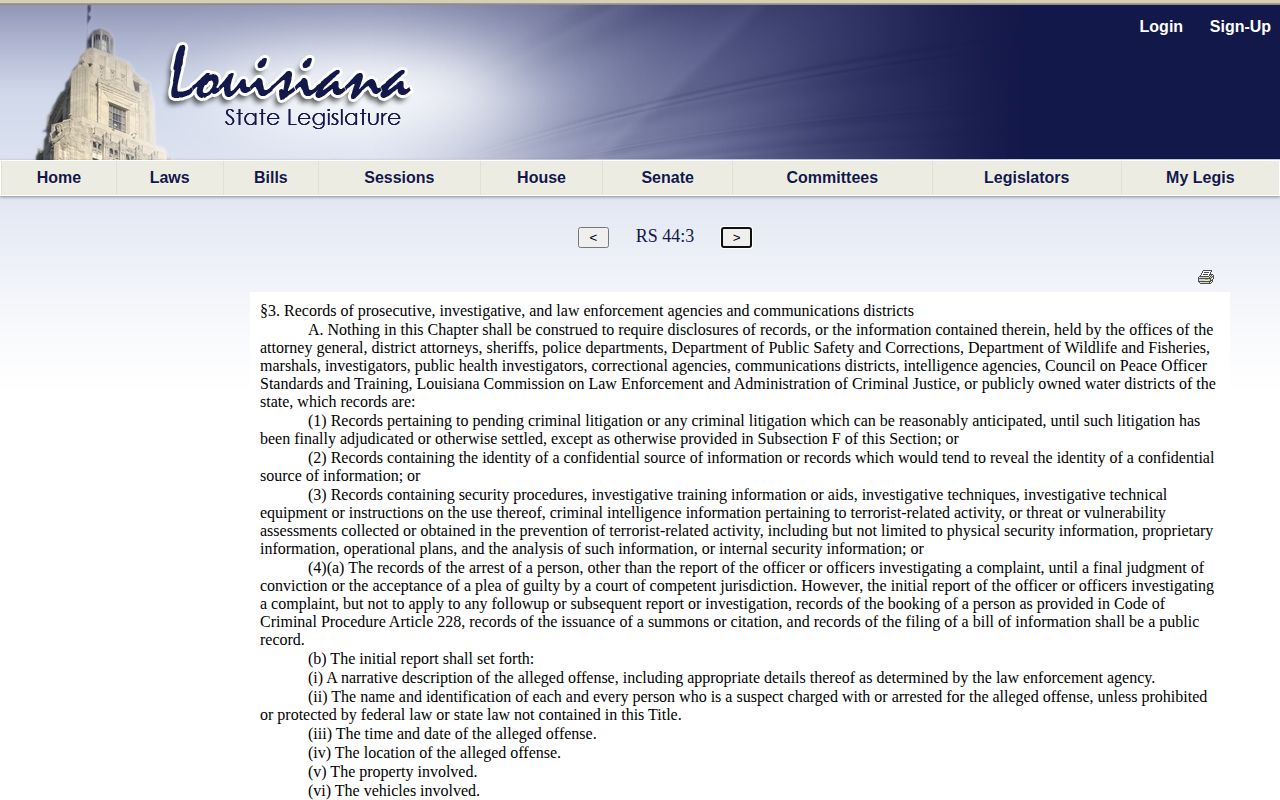Louisiana law page governing Jefferson Davis Parish arrest record access